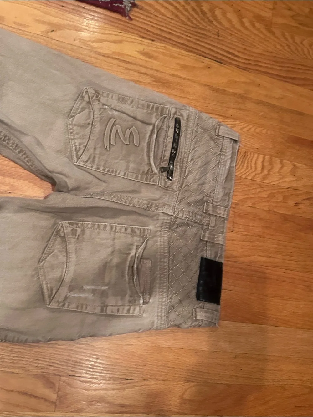 Y2K elite premium denim moto biker jeans beige distressed zip pocket streetwear